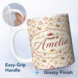 Personalized Custom Name Vintage Cake and Cherry Dessert Seamless Pattern Cute Unique Gift 11oz Ceramic Coffee Tea Mug White Large Handle