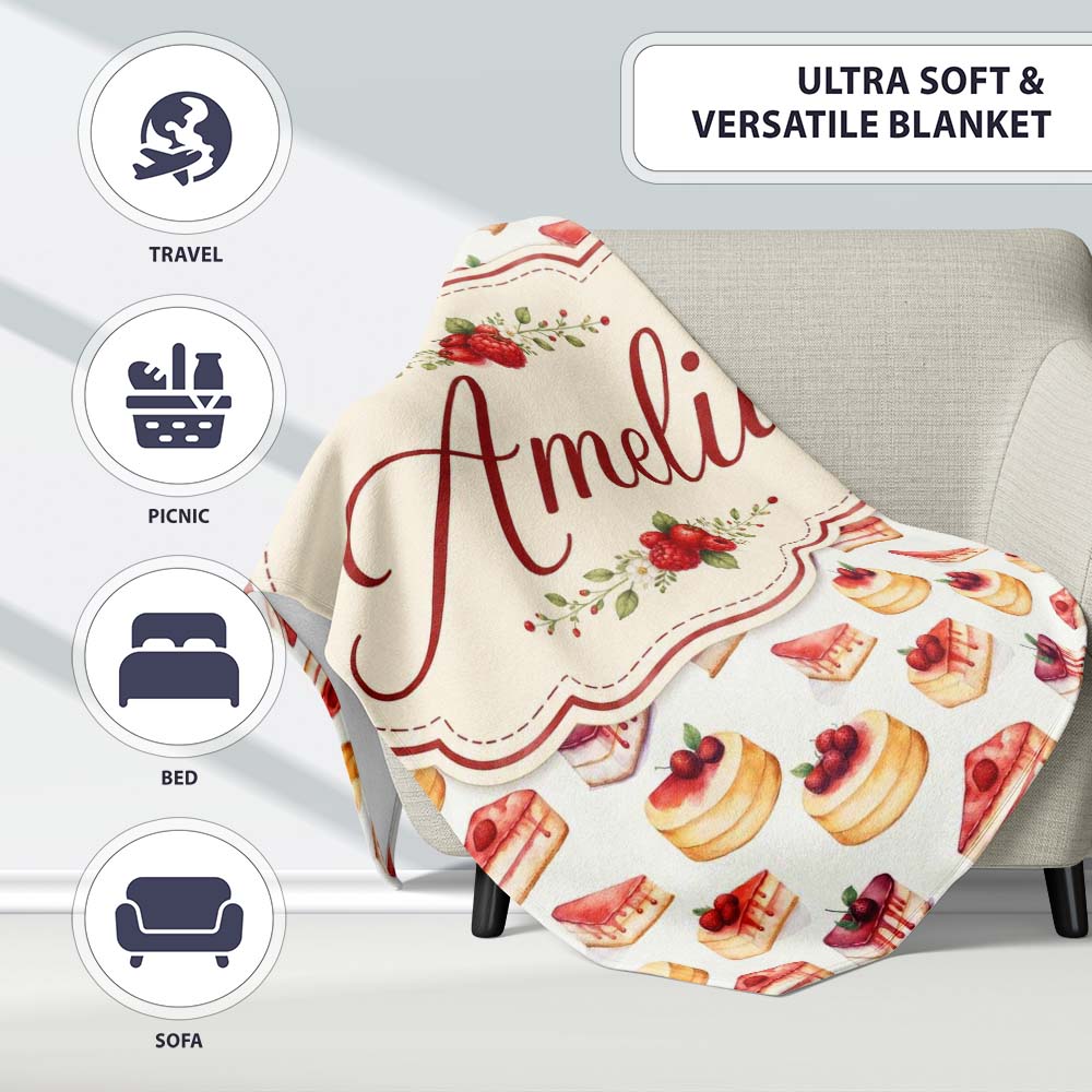 Strawberry Layer Cake Sweet Dessert Variety Seamless Pattern Lovely  Personalised Custom Name Super Soft Fleece Blanket Bed Sofa Throw