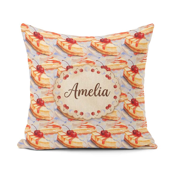 Custom Name Cherry Drizzle Cheesecake Slice Up Seamless Pattern Square Filled Cushion Throw Pillow Sofa Bed Home Decor Zip Washable UK Made