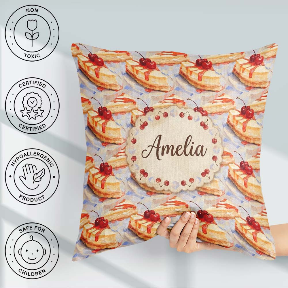 Custom Name Cherry Drizzle Cheesecake Slice Up Seamless Pattern Square Filled Cushion Throw Pillow Sofa Bed Home Decor Zip Washable UK Made