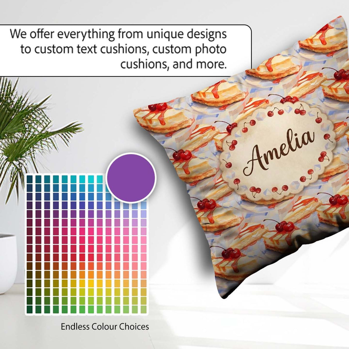 Custom Name Cherry Drizzle Cheesecake Slice Up Seamless Pattern Square Filled Cushion Throw Pillow Sofa Bed Home Decor Zip Washable UK Made
