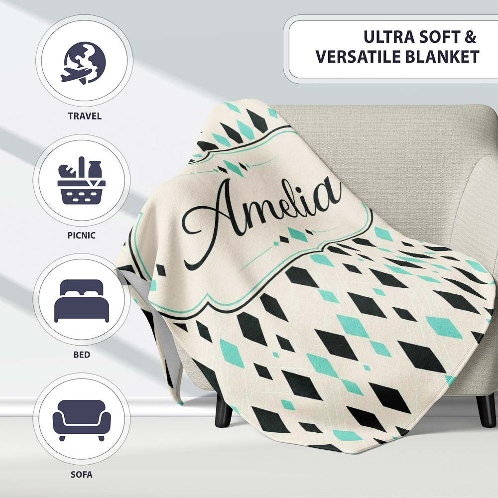 Minimal Geometric Diamond Shapes Abstract Seamless Pattern Lovely  Personalised Custom Name Super Soft Fleece Blanket Bed Sofa Throw