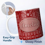 Personalized Custom Name Cute Red Nordic Snowflake Winter Traditional Knitted Seamless Lovely 11oz Ceramic Coffee Tea Mug White Large Handle