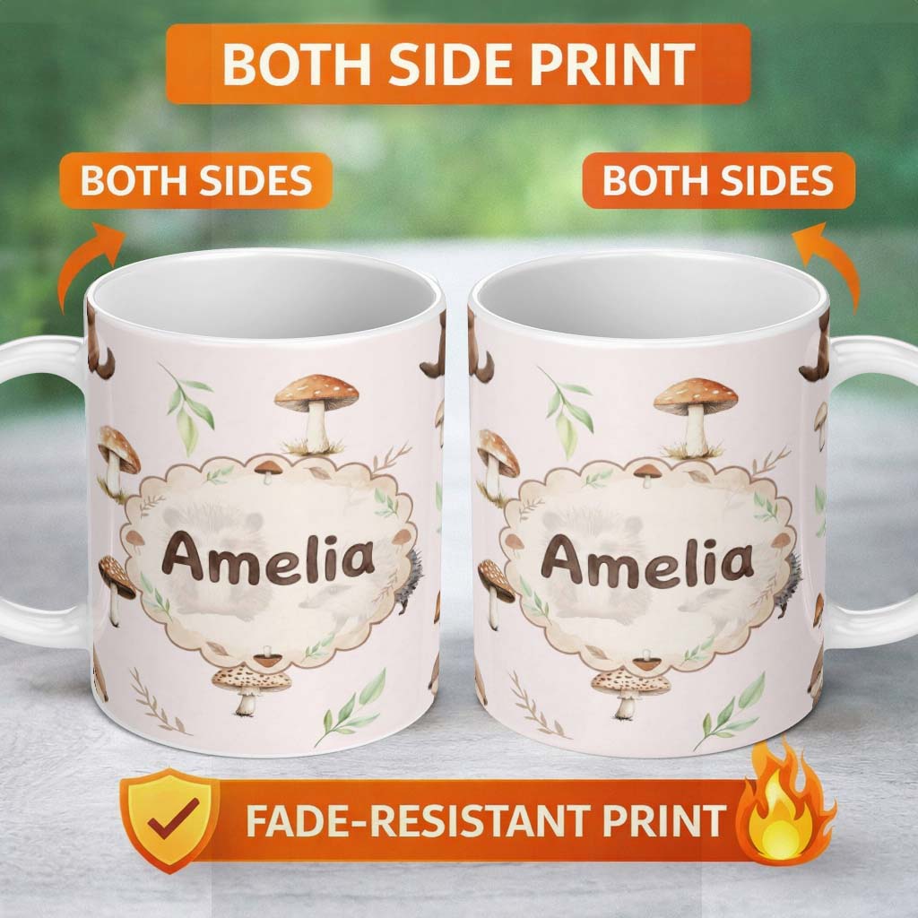 Personalized Custom Name Woodland Hedgehog with Mushrooms Leaves Soft Pink Seamless Pattern 11oz Ceramic Coffee Tea Mug White Large Handle