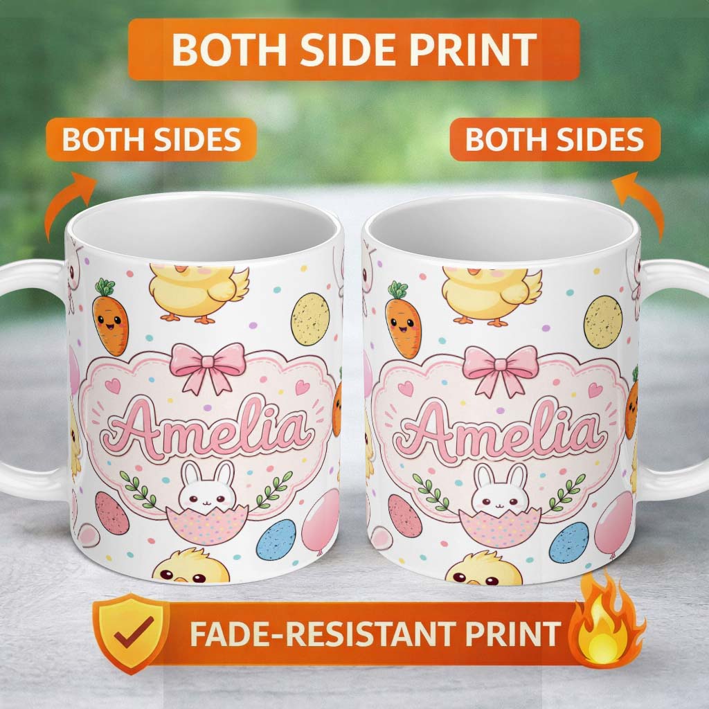 Personalized Custom Name Cute Easter Bunny Chick Carrots Eggs Polka Dot Pattern Light Grey 11oz Ceramic Coffee Tea Mug White Large Handle