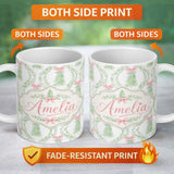 Personalized Custom Name Pastel Green Wreath Ribbon Christmas Tree Seamless Pattern Lovely 11oz Ceramic Coffee Tea Mug White Large Handle