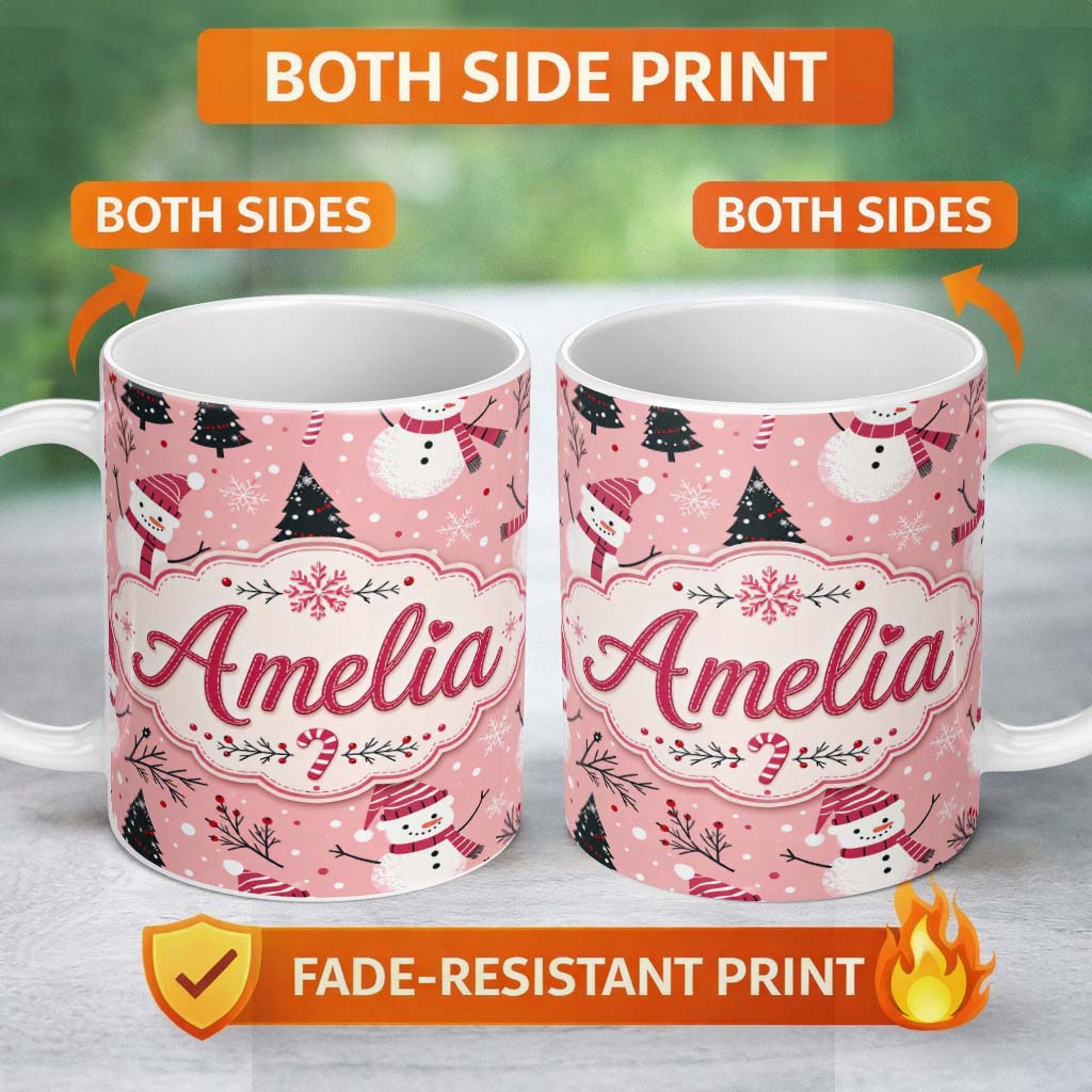 Personalized Custom Name Cute Snowman Candy Cane Christmas Tree Seamless Pattern Lovely 11oz Ceramic Coffee Tea Mug White Large Handle