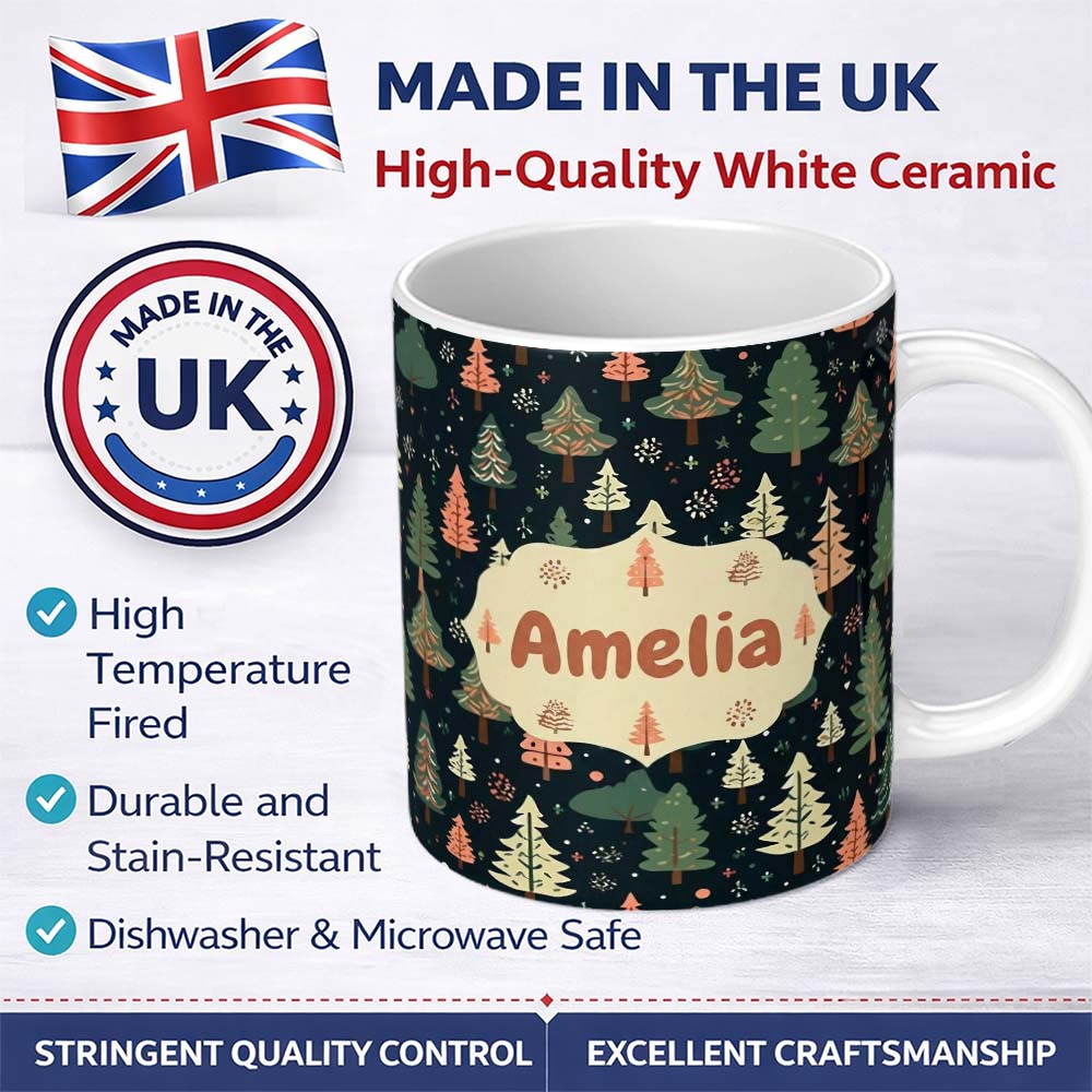 Personalized Custom Name Winter Forest Christmas Trees with Snowflakes on Dark Background 11oz Ceramic Coffee Tea Mug White Large Handle