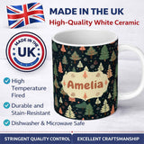 Personalized Custom Name Winter Forest Christmas Trees with Snowflakes on Dark Background 11oz Ceramic Coffee Tea Mug White Large Handle