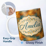 Personalized Custom Name Abstract Gold and Teal Oil Paint Texture Seamless Pattern Lovely 11oz Ceramic Coffee Tea Mug White Large Handle