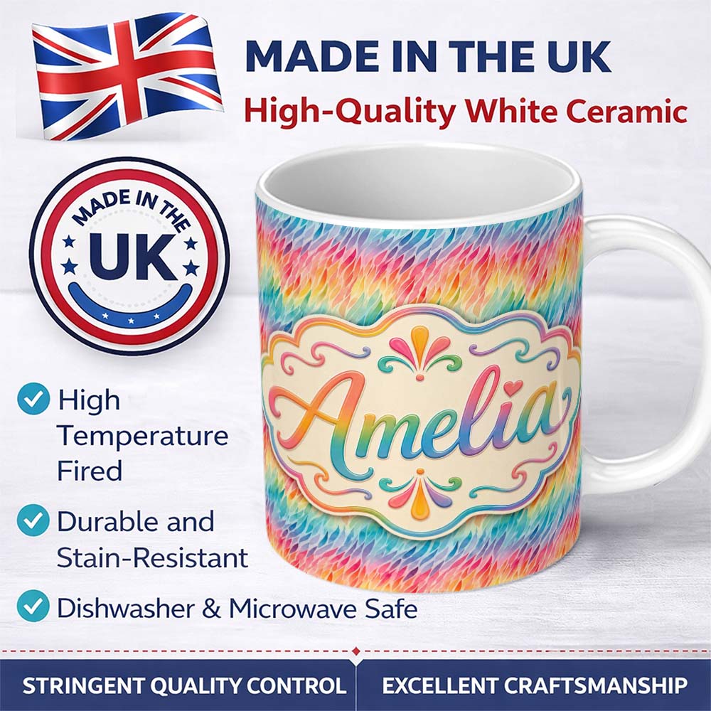 Personalized Custom Name Geometric Rainbow Curved Blocks Pattern Seamless Pattern Lovely 11oz Ceramic Coffee Tea Mug White Large Handle