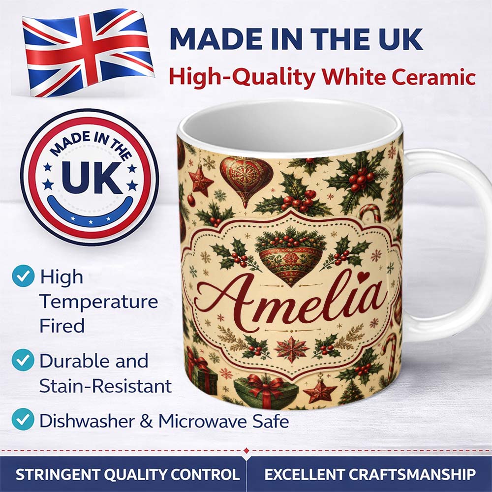Personalized Custom Name Vintage Christmas Ornaments Holly Berries, Candy Canes Classic 11oz Ceramic Coffee Tea Mug White Large Handle