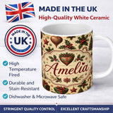 Personalized Custom Name Vintage Christmas Ornaments Holly Berries, Candy Canes Classic 11oz Ceramic Coffee Tea Mug White Large Handle