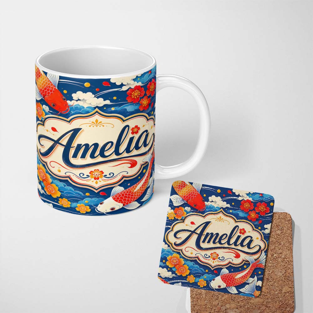 Personalized Custom Name Colorful Koi Fish with Floral Cloud and Flowing Water Japanese 11oz Ceramic Coffee Tea Mug White Large Handle