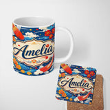 Personalized Custom Name Colorful Koi Fish with Floral Cloud and Flowing Water Japanese 11oz Ceramic Coffee Tea Mug White Large Handle
