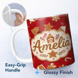 Personalized Custom Name Gingerbread House Candy Cane Cookies Red Festive Seamless Pattern 11oz Ceramic Coffee Tea Mug White Large Handle