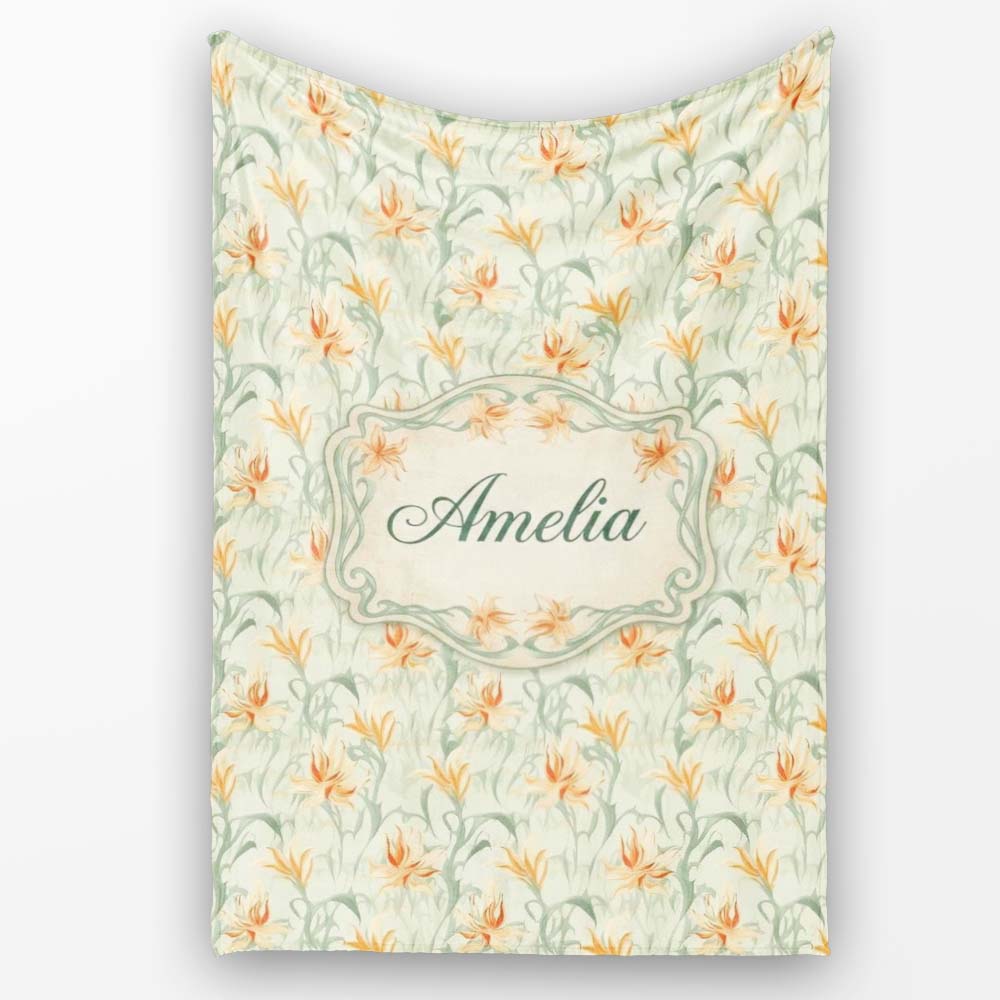 Elegant Floral Lily Garden Soft Vintage Style Seamless Pattern  Personalised Custom Name Super Soft Fleece Blanket Bed Sofa Throw