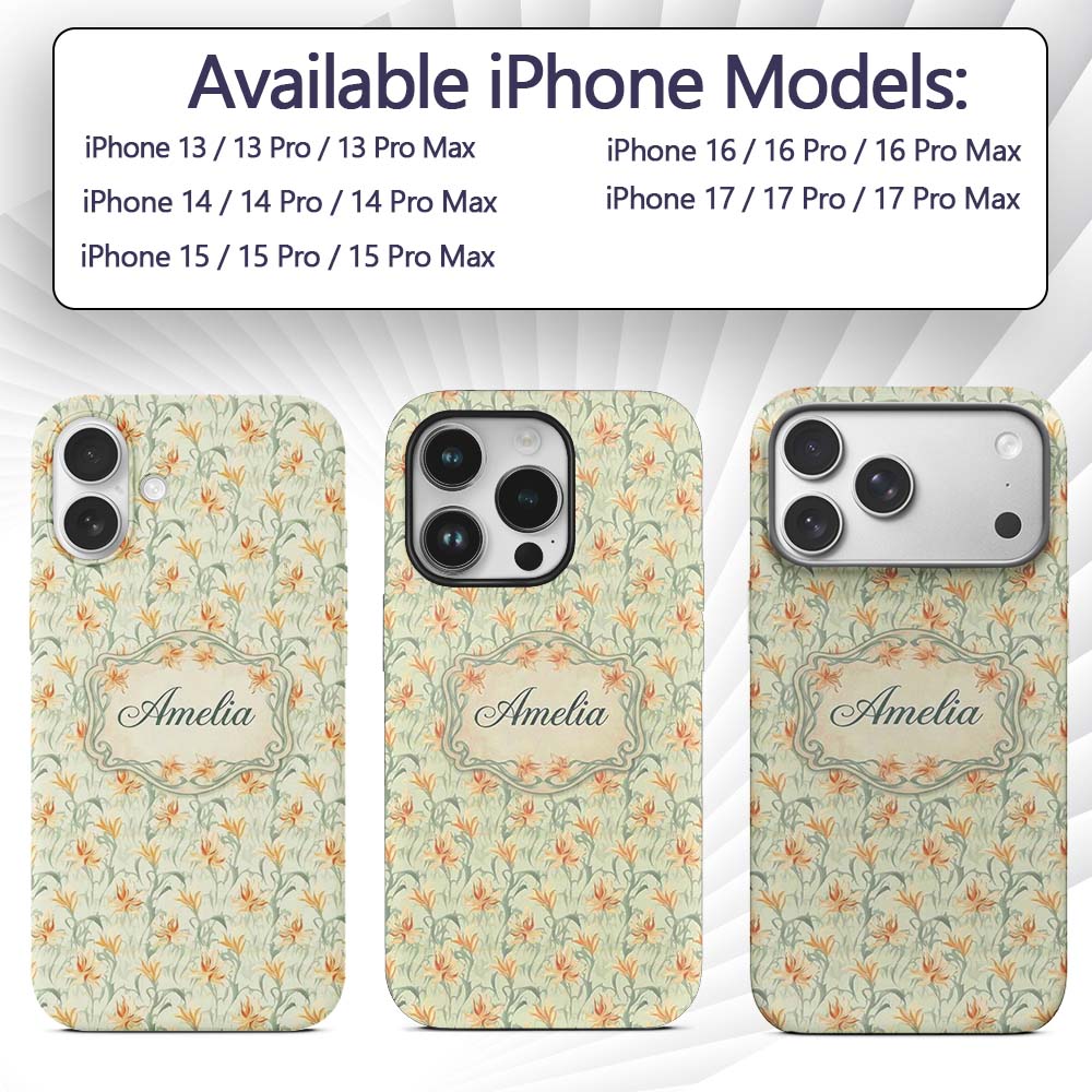 Elegant Floral Lily Garden Soft Vintage Style Custom Name Protective Phone Case Mobile Cover Durable Everyday Smartphone Shock Resistant