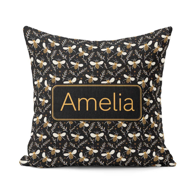 Custom Name Cute Honey Bees and Botanical Leaves Dark Background Square Filled Cushion Throw Pillow Sofa Bed Home Decor Zip Washable UK Made