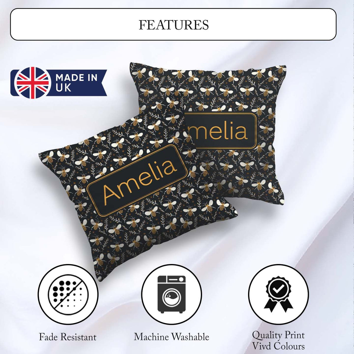 Custom Name Cute Honey Bees and Botanical Leaves Dark Background Square Filled Cushion Throw Pillow Sofa Bed Home Decor Zip Washable UK Made