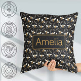Custom Name Cute Honey Bees and Botanical Leaves Dark Background Square Filled Cushion Throw Pillow Sofa Bed Home Decor Zip Washable UK Made