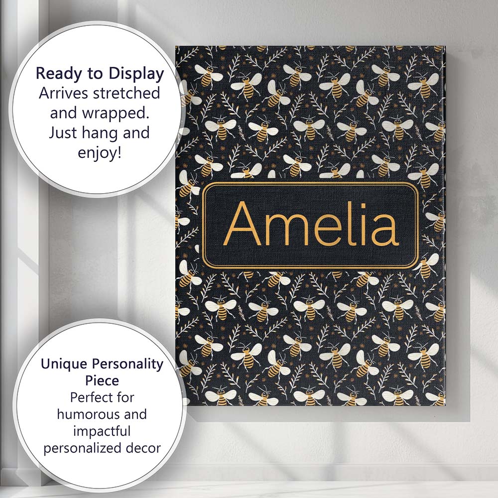 Personalised Name Cute Honey Bees and Custom Modern Room Accent Creative Decorator Style Canvas Wall Art Print Decor Picture Ready to Hang