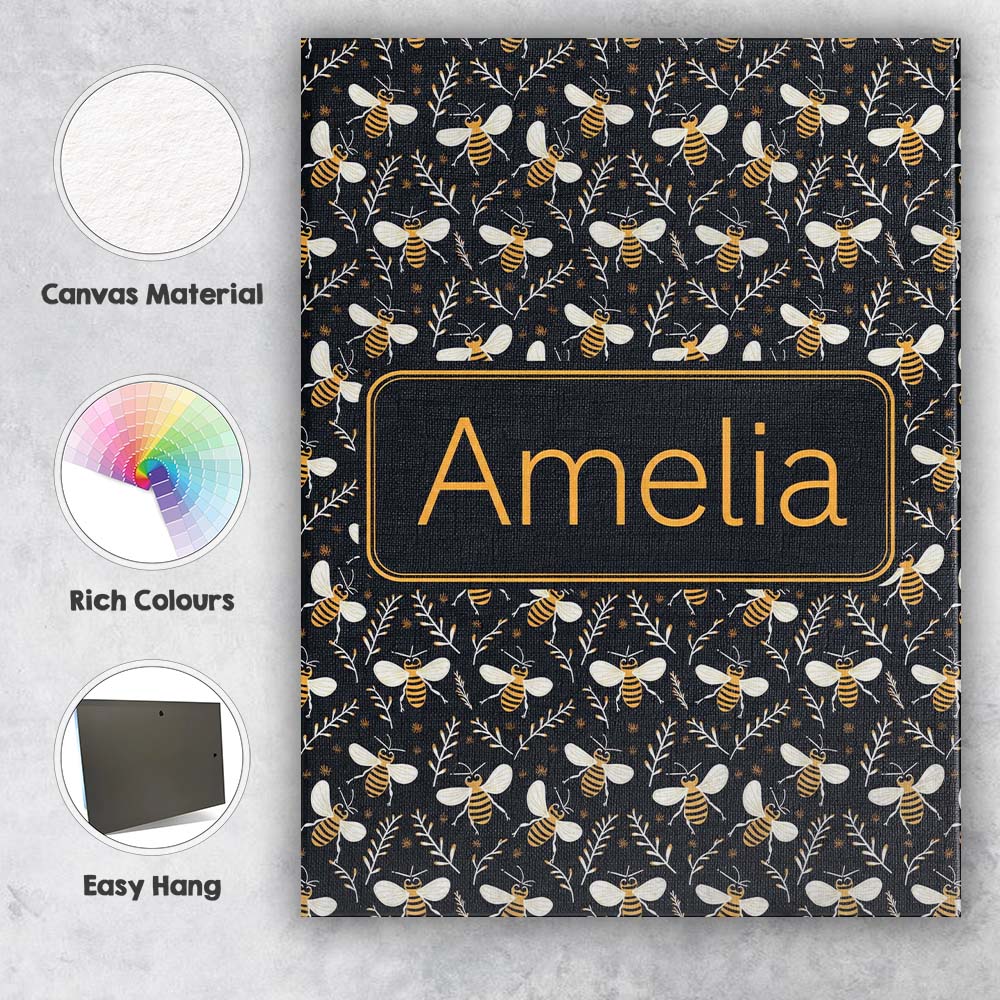 Personalised Name Cute Honey Bees and Custom Modern Room Accent Creative Decorator Style Canvas Wall Art Print Decor Picture Ready to Hang