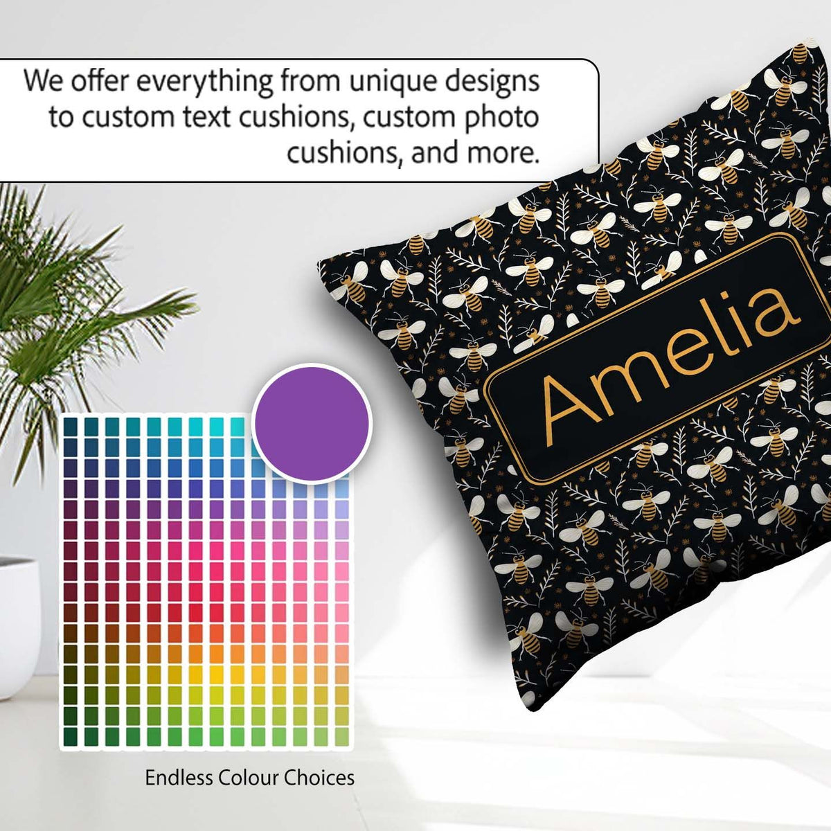 Custom Name Cute Honey Bees and Botanical Leaves Dark Background Square Filled Cushion Throw Pillow Sofa Bed Home Decor Zip Washable UK Made