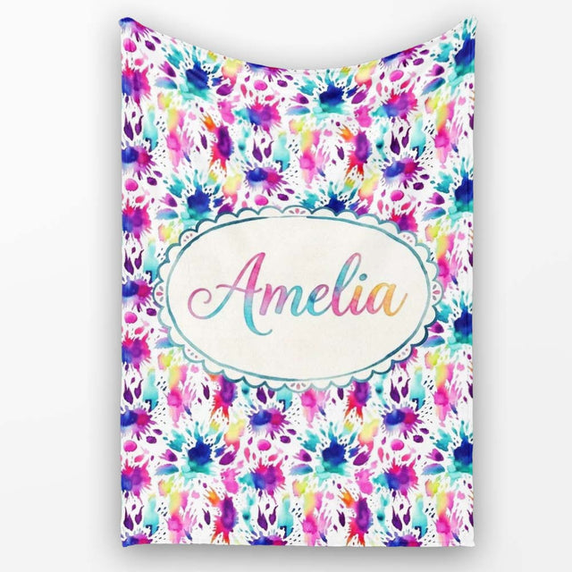 Bright Rainbow Watercolor Splash Vibrant Artistic Seamless Pattern  Personalised Custom Name Super Soft Fleece Blanket Bed Sofa Throw