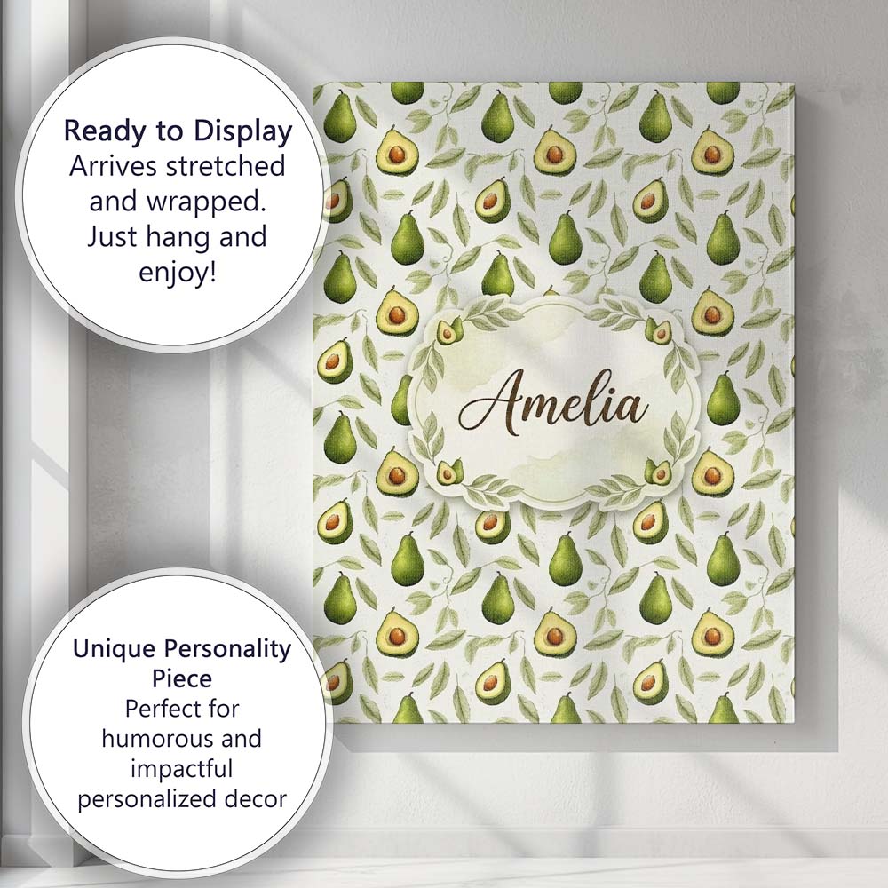 Personalised Name Watercolor Avocado Pear Leaf Botanical Seamless Custom  Bespoke Canvas Wall Art Print Decor Picture Ready to Hang