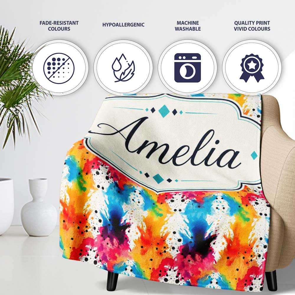 Colorful Paint Splash Abstract Ink Blot Modern Seamless Pattern  Personalised Custom Name Super Soft Fleece Blanket Bed Sofa Throw