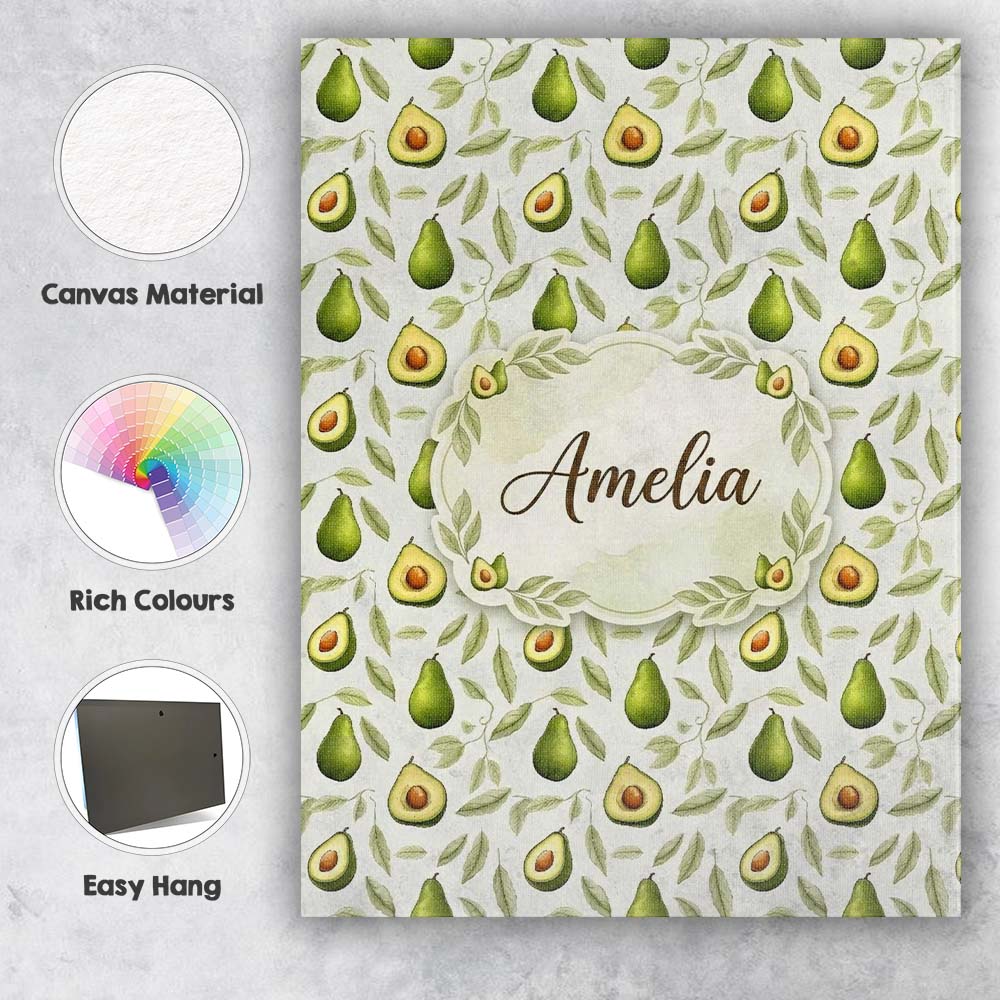 Personalised Name Watercolor Avocado Pear Leaf Botanical Seamless Custom  Bespoke Canvas Wall Art Print Decor Picture Ready to Hang