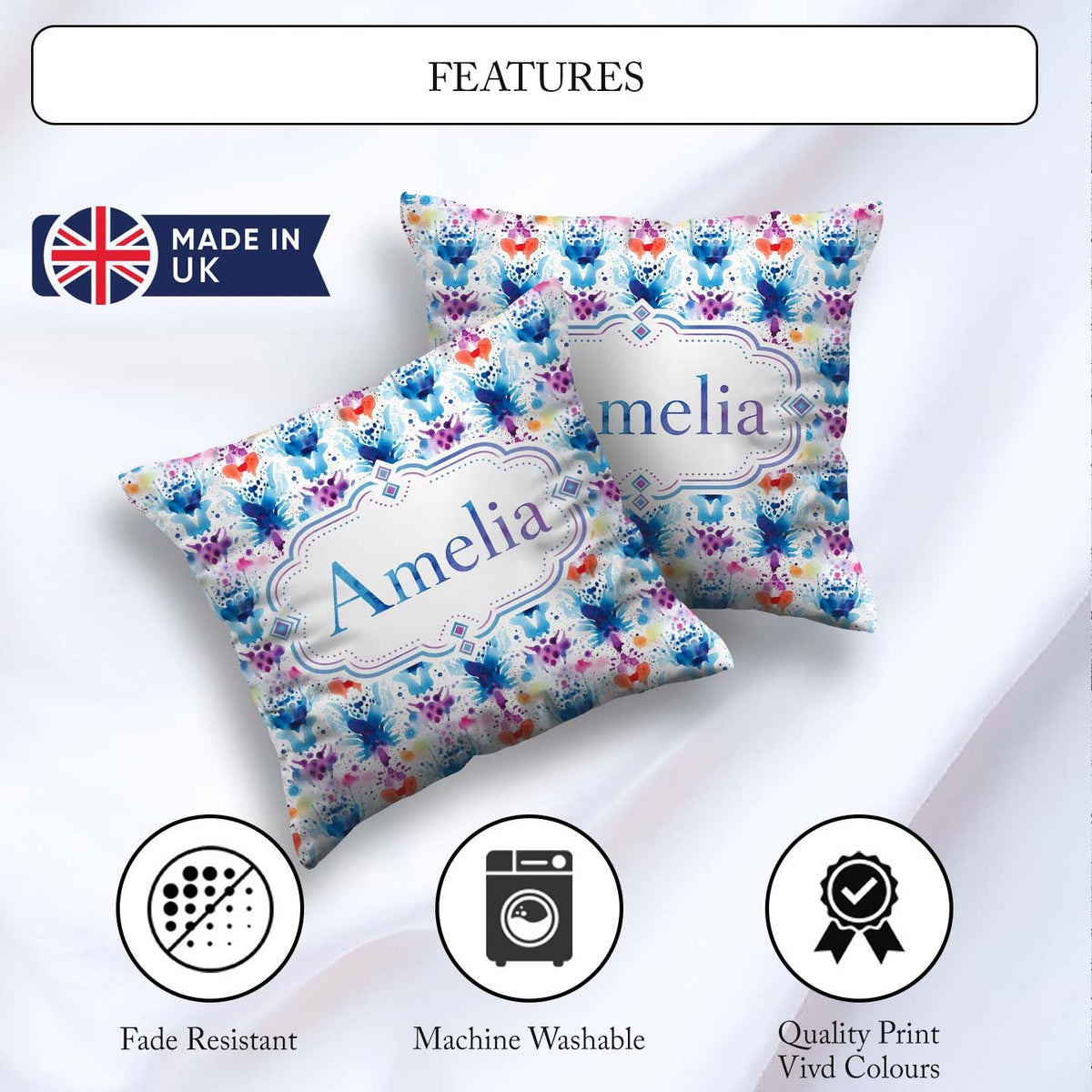 Custom Name Purple Watercolor Abstract Artistic Seamless Pattern Square Filled Cushion Throw Pillow Sofa Bed Home Decor Zip Washable UK Made