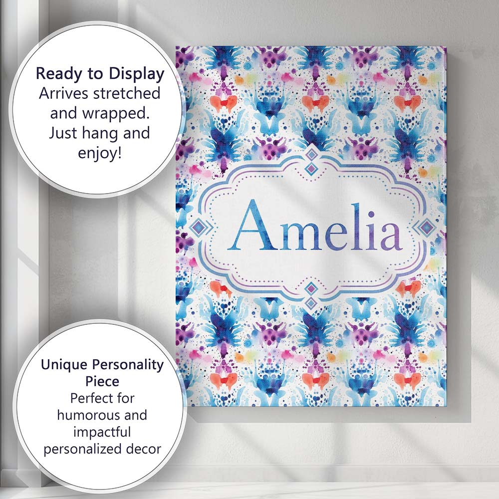 Personalised Name Blue Purple Watercolor Custom  Unique Gift Idea Elegant Feature Canvas Wall Art Print Decor Picture Ready to Hang