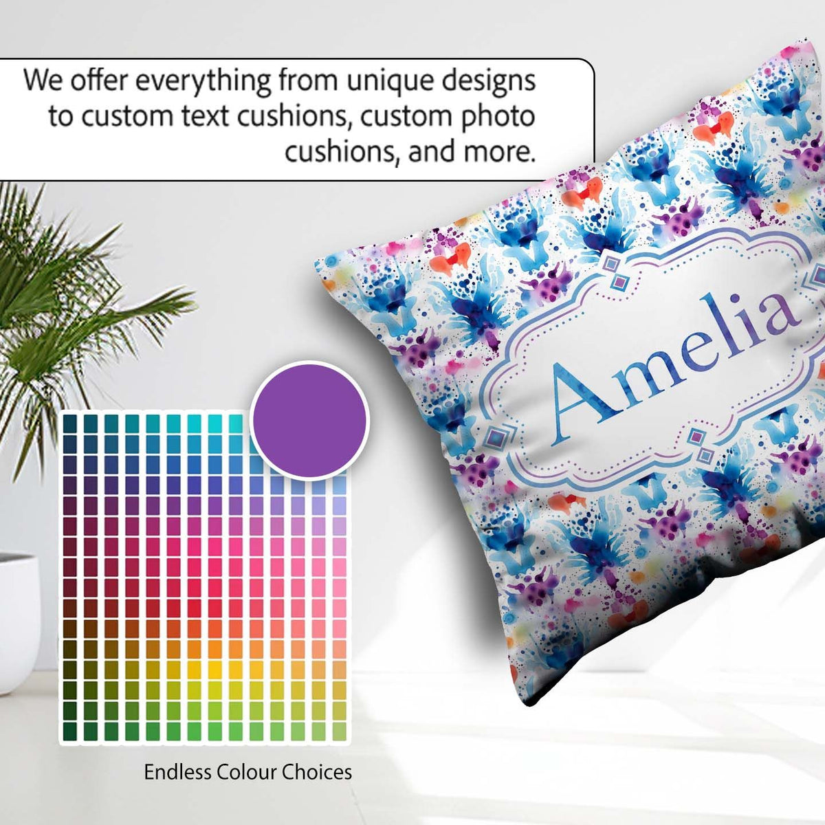 Custom Name Purple Watercolor Abstract Artistic Seamless Pattern Square Filled Cushion Throw Pillow Sofa Bed Home Decor Zip Washable UK Made