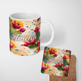 Personalized Custom Name Bright Watercolor Cactus Flower Abstract Seamless Pattern Lovely 11oz Ceramic Coffee Tea Mug White Large Handle