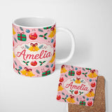 Personalized Custom Name Festive Bells Gift Holly Ornament Seamless Pattern Cute Unique Gift 11oz Ceramic Coffee Tea Mug White Large Handle