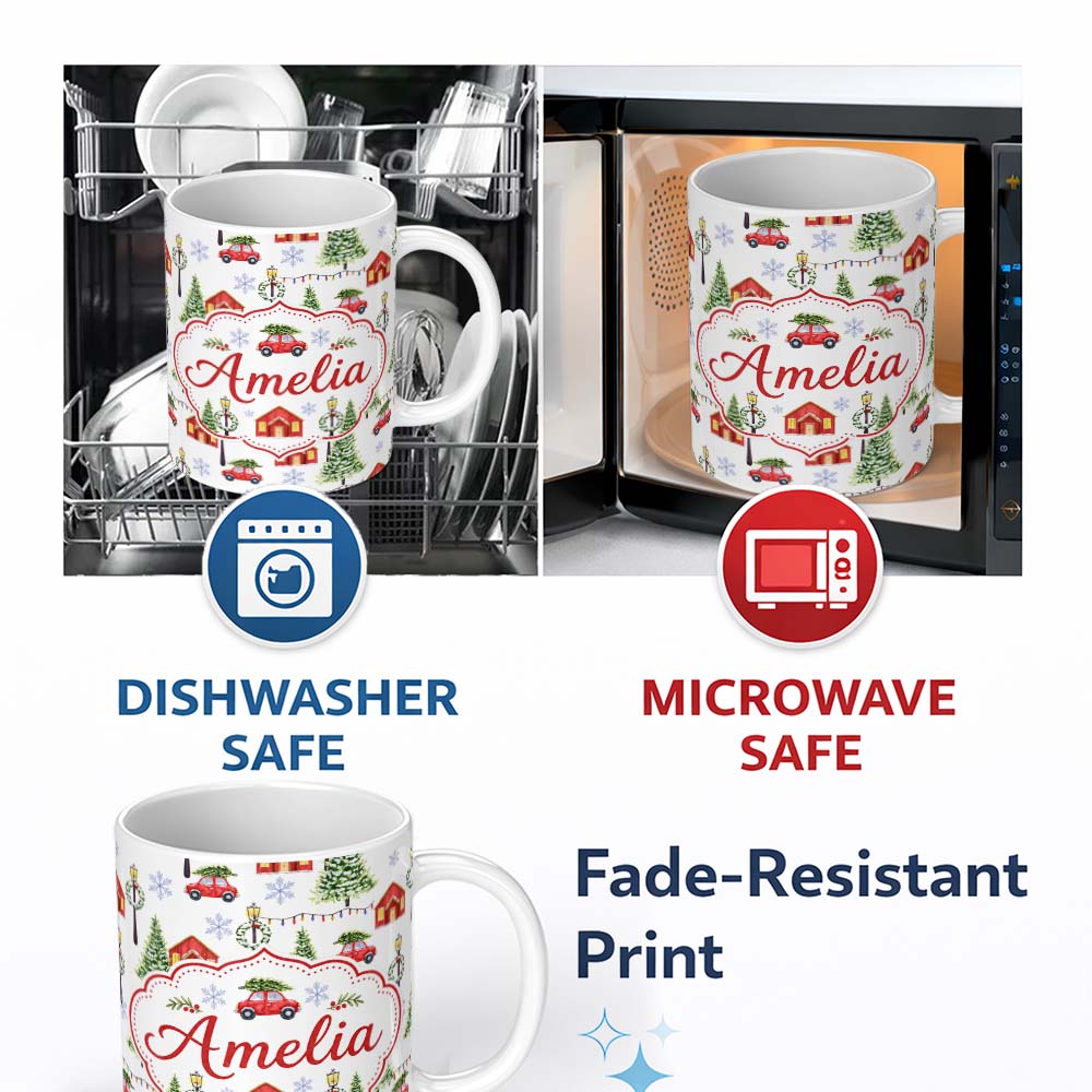 Personalized Custom Name Watercolor Winter Village Houses Trees Cars Snow Seamless Pattern 11oz Ceramic Coffee Tea Mug White Large Handle