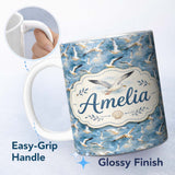 Personalized Custom Name Soft Watercolor Seagulls in Flight Over Sea Seamless Pattern Lovely 11oz Ceramic Coffee Tea Mug White Large Handle