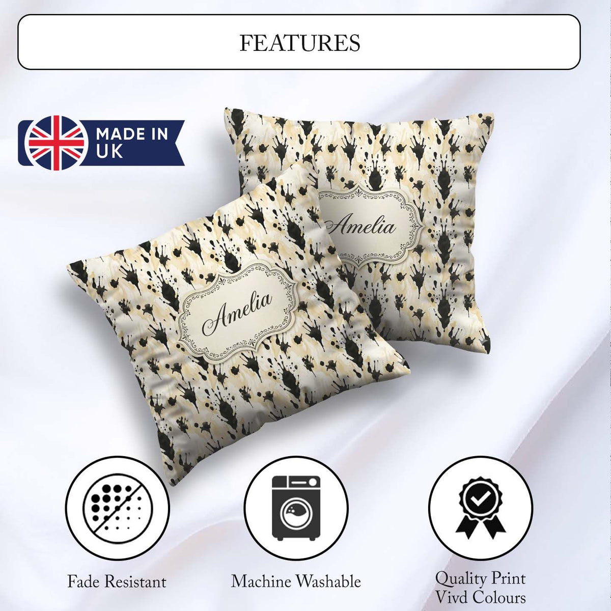 Custom Name Neutral Beige Black Splash Abstract Artistic Pattern Square Filled Cushion Throw Pillow Sofa Bed Home Decor Zip Washable UK Made