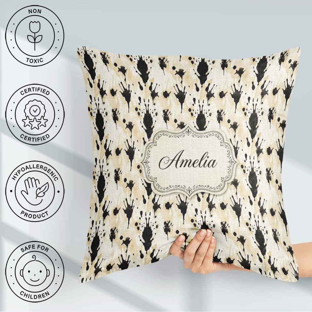 Custom Name Neutral Beige Black Splash Abstract Artistic Pattern Square Filled Cushion Throw Pillow Sofa Bed Home Decor Zip Washable UK Made