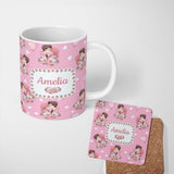 Personalized Custom Name Romantic Couple Kissing Floral Bouquet Hearts Pattern Light Pink 11oz Ceramic Coffee Tea Mug White Large Handle