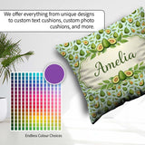 Custom Name Fresh Avocado Pear Leaf Pattern Soft Blue Background Square Filled Cushion Throw Pillow Sofa Bed Home Decor Zip Washable UK Made