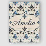 Personalised Name Blue Floral Damask Ink Custom  Unique Gift Idea Elegant Feature Canvas Wall Art Print Decor Picture Ready to Hang