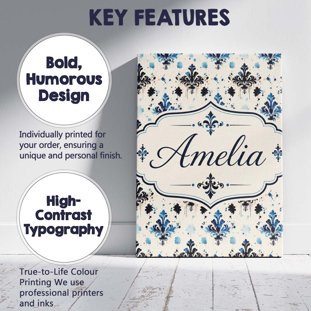 Personalised Name Blue Floral Damask Ink Custom  Unique Gift Idea Elegant Feature Canvas Wall Art Print Decor Picture Ready to Hang