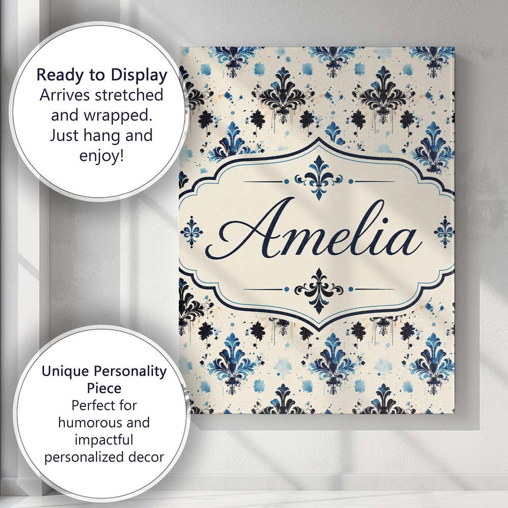 Personalised Name Blue Floral Damask Ink Custom  Unique Gift Idea Elegant Feature Canvas Wall Art Print Decor Picture Ready to Hang