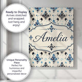 Personalised Name Blue Floral Damask Ink Custom  Unique Gift Idea Elegant Feature Canvas Wall Art Print Decor Picture Ready to Hang