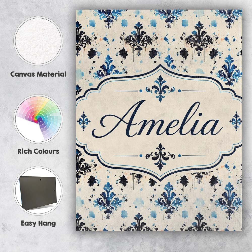 Personalised Name Blue Floral Damask Ink Custom  Unique Gift Idea Elegant Feature Canvas Wall Art Print Decor Picture Ready to Hang