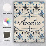 Personalised Name Blue Floral Damask Ink Custom  Unique Gift Idea Elegant Feature Canvas Wall Art Print Decor Picture Ready to Hang