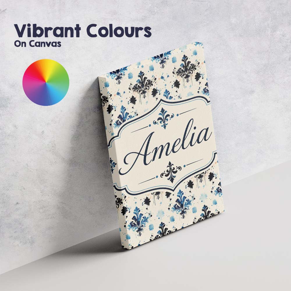 Personalised Name Blue Floral Damask Ink Custom  Unique Gift Idea Elegant Feature Canvas Wall Art Print Decor Picture Ready to Hang